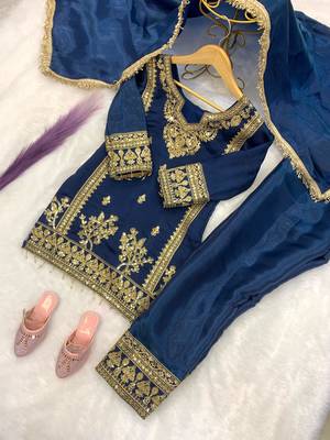 Blue gmy silk embroidery with cording sequence work girls kids dress set 5
