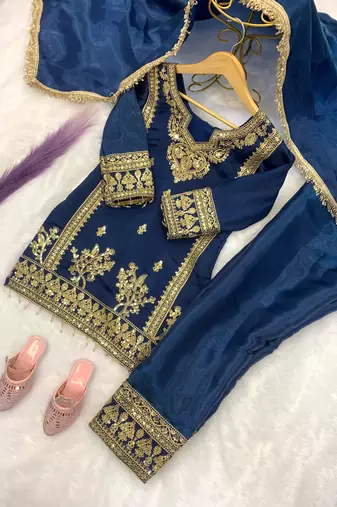 Blue gmy silk embroidery with cording sequence work girls kids dress set