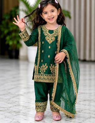 Green gmy silk embroidery with cording sequence work girls kids dress set 1
