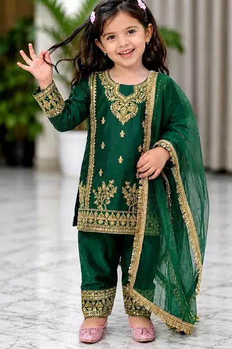 Green gmy silk embroidery with cording sequence work girls kids dress set