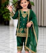 Green gmy silk embroidery with cording sequence work girls kids dress set