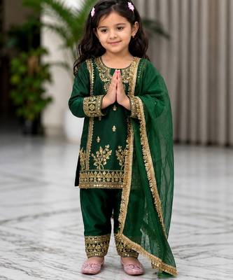 Green gmy silk embroidery with cording sequence work girls kids dress set 2