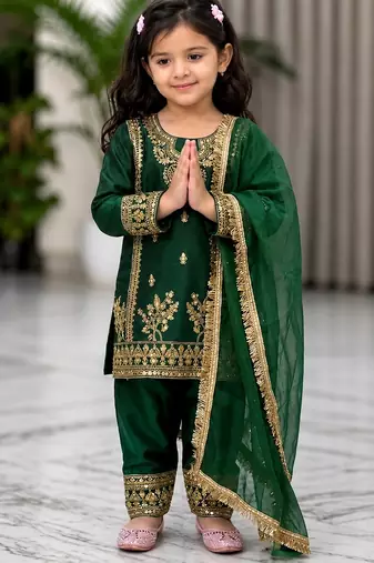Green gmy silk embroidery with cording sequence work girls kids dress set