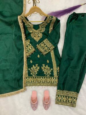 Green gmy silk embroidery with cording sequence work girls kids dress set 3