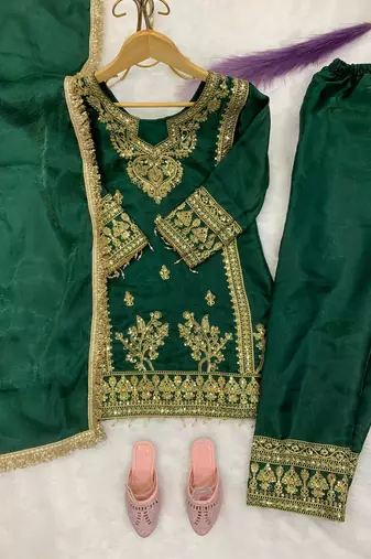Green gmy silk embroidery with cording sequence work girls kids dress set