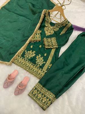 Green gmy silk embroidery with cording sequence work girls kids dress set 4
