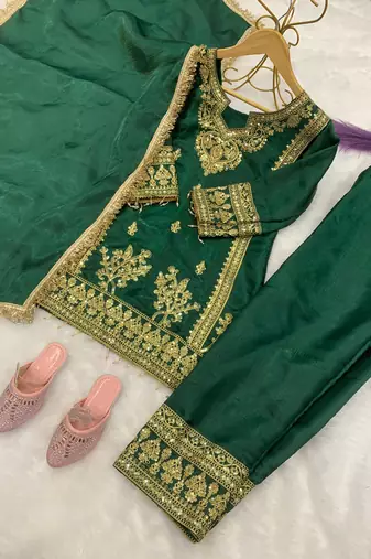 Green gmy silk embroidery with cording sequence work girls kids dress set