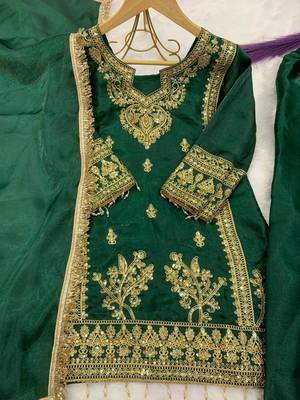 Green gmy silk embroidery with cording sequence work girls kids dress set 5