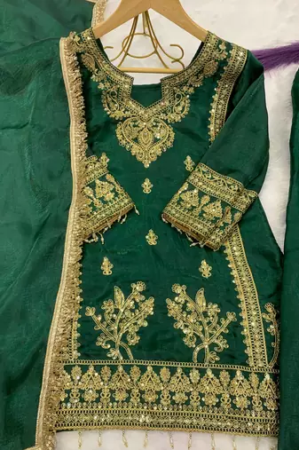 Green gmy silk embroidery with cording sequence work girls kids dress set