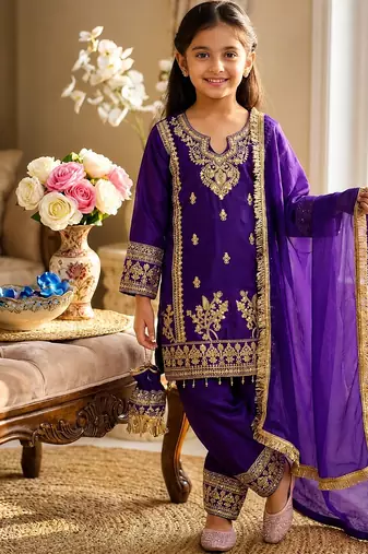 Purple gmy silk embroidery with cording sequence work girls kids dress set
