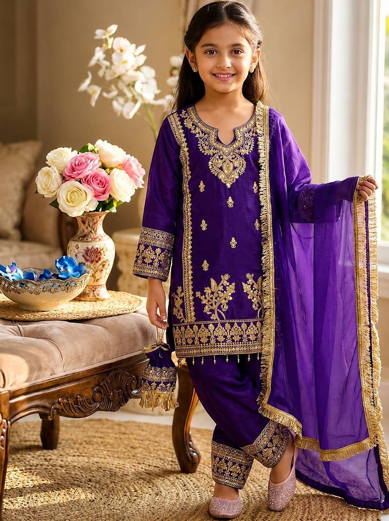Purple gmy silk embroidery with cording sequence work girls kids dress set