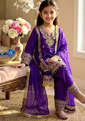 Purple gmy silk embroidery with cording sequence work girls kids dress set 2