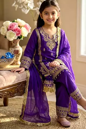 Purple gmy silk embroidery with cording sequence work girls kids dress set