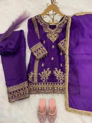 Purple gmy silk embroidery with cording sequence work girls kids dress set 3