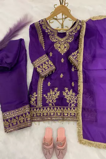 Purple gmy silk embroidery with cording sequence work girls kids dress set