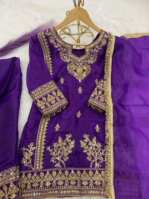 Purple gmy silk embroidery with cording sequence work girls kids dress set 4