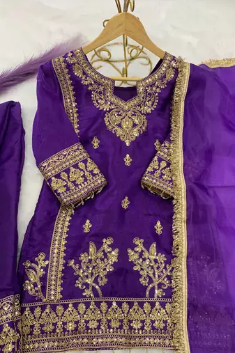 Purple gmy silk embroidery with cording sequence work girls kids dress set