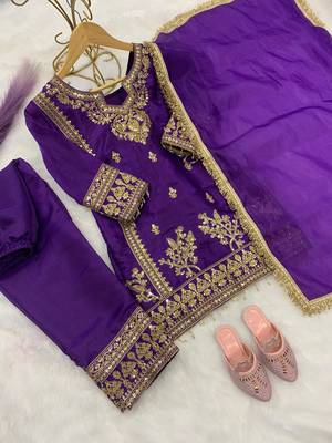 Purple gmy silk embroidery with cording sequence work girls kids dress set 5