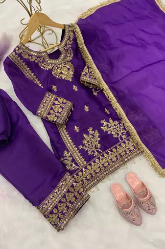 Purple gmy silk embroidery with cording sequence work girls kids dress set