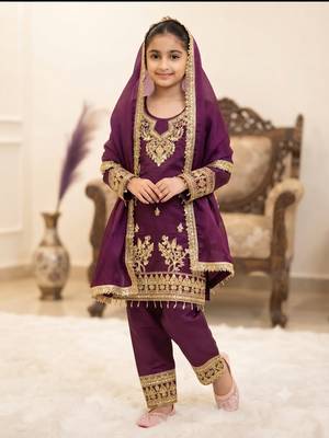 Wine gmy silk embroidery with cording sequence work girls kids dress set 1