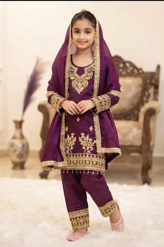 purple silk blend embroidery with cording sequence work girls kids dress set