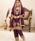 Wine gmy silk embroidery with cording sequence work girls kids dress set