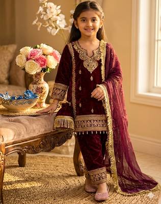 Wine gmy silk embroidery with cording sequence work girls kids dress set 1