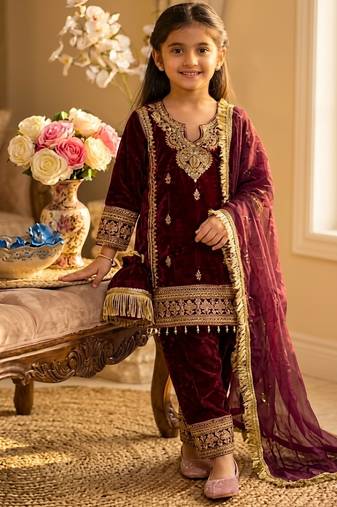 Wine gmy silk embroidery with cording sequence work girls kids dress set