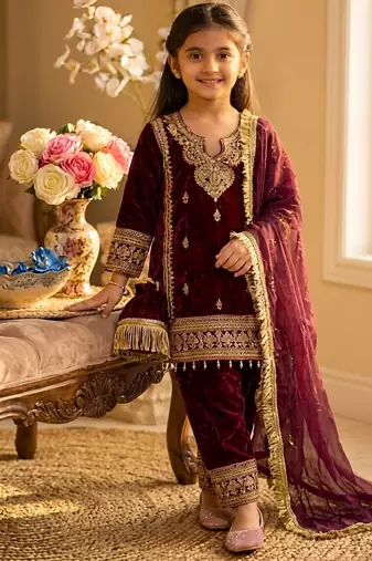 Wine gmy silk embroidery with cording sequence work girls kids dress set