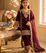 Wine gmy silk embroidery with cording sequence work girls kids dress set