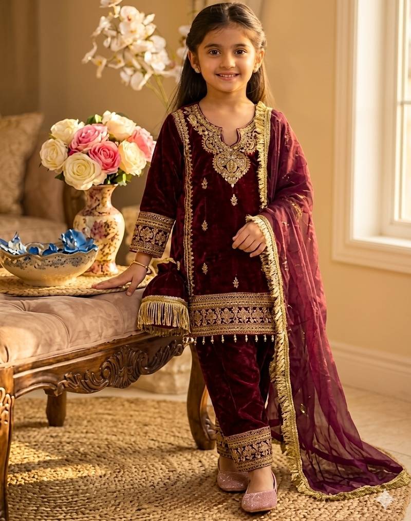 Wine gmy silk embroidery with cording sequence work girls kids dress set