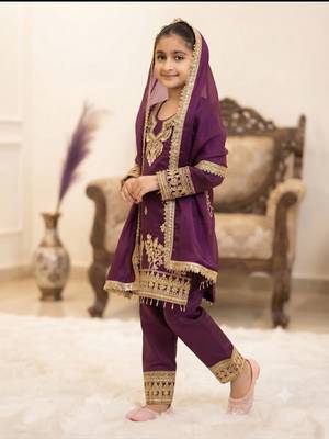Wine gmy silk embroidery with cording sequence work girls kids dress set 2