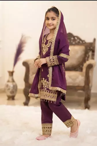 purple silk blend embroidery with cording sequence work girls kids dress set