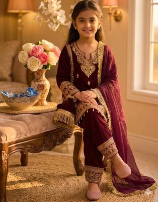 Wine gmy silk embroidery with cording sequence work girls kids dress set 2