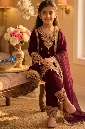 Wine gmy silk embroidery with cording sequence work girls kids dress set