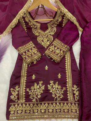 Wine gmy silk embroidery with cording sequence work girls kids dress set 4