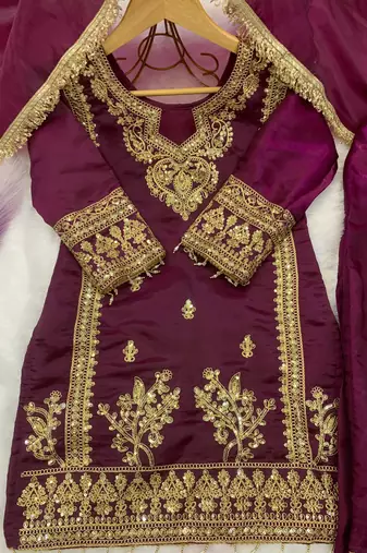 Wine gmy silk embroidery with cording sequence work girls kids dress set