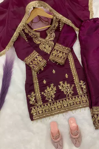 Wine gmy silk embroidery with cording sequence work girls kids dress set