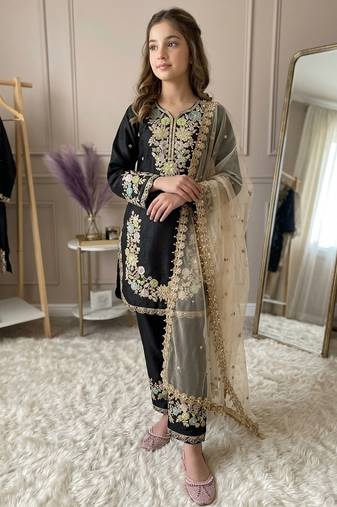 Black gmy silk embroidery sequence work girls kids dress set
