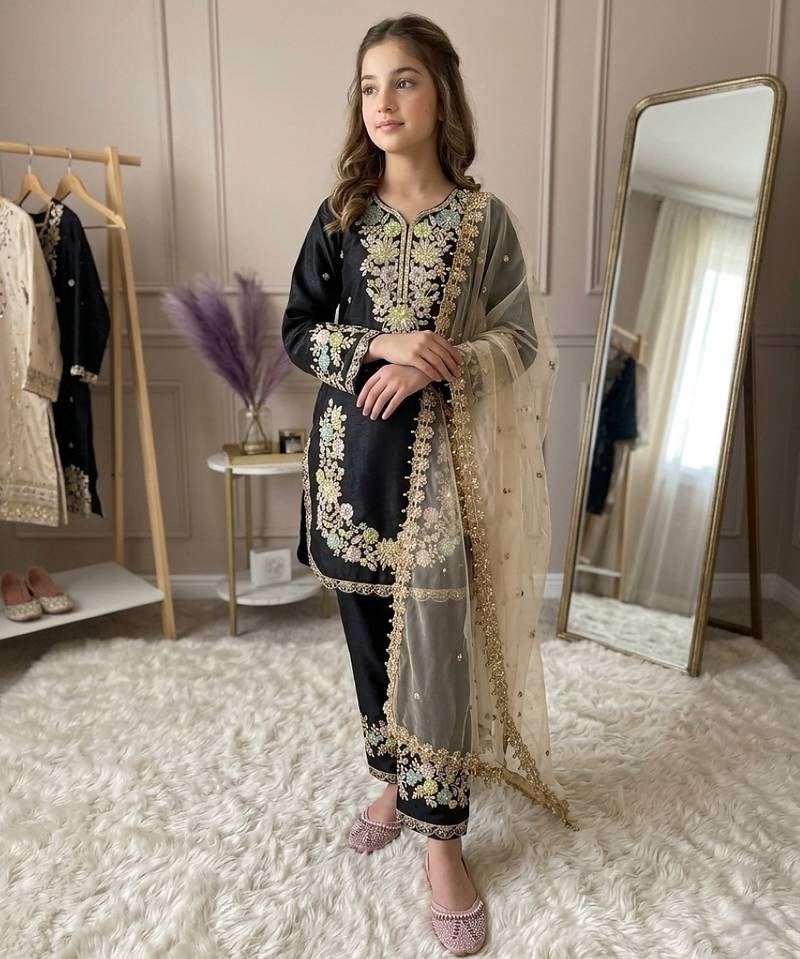Black gmy silk embroidery sequence work girls kids dress set