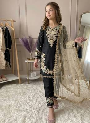 Black gmy silk embroidery sequence work girls kids dress set 2