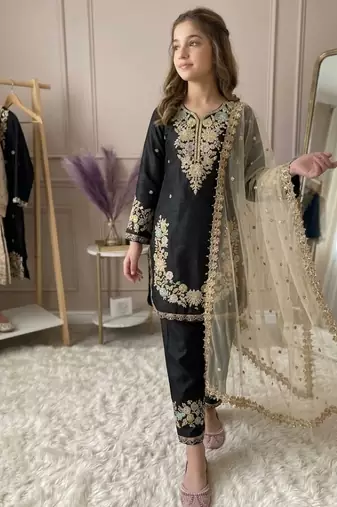 Black gmy silk embroidery sequence work girls kids dress set
