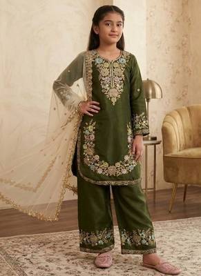 Mehendi gmy silk embroidery sequence work girls kids dress set 1