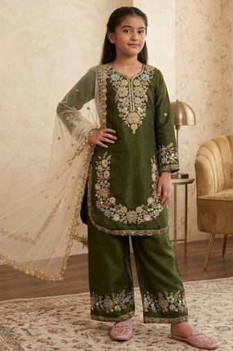 Mehendi gmy silk embroidery sequence work girls kids dress set