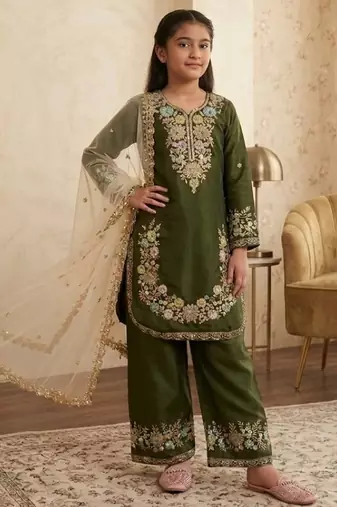Mehendi gmy silk embroidery sequence work girls kids dress set