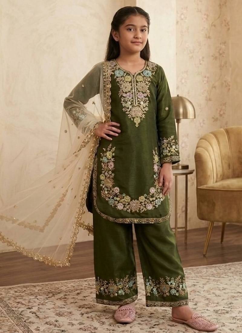 Mehendi gmy silk embroidery sequence work girls kids dress set