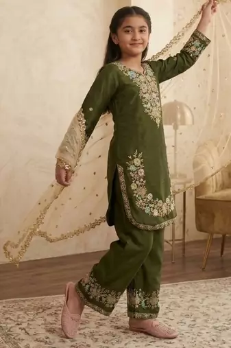 Mehendi gmy silk embroidery sequence work girls kids dress set
