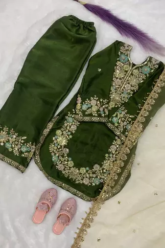 Mehendi gmy silk embroidery sequence work girls kids dress set