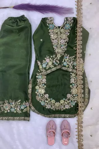 Mehendi gmy silk embroidery sequence work girls kids dress set