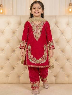 Pink gmy silk embroidery sequence work girls kids dress set 1